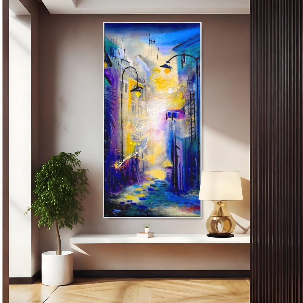 Tablou canvas cu pictura stradala cu iluminat nocturn, in rama de aluminiu argintiu